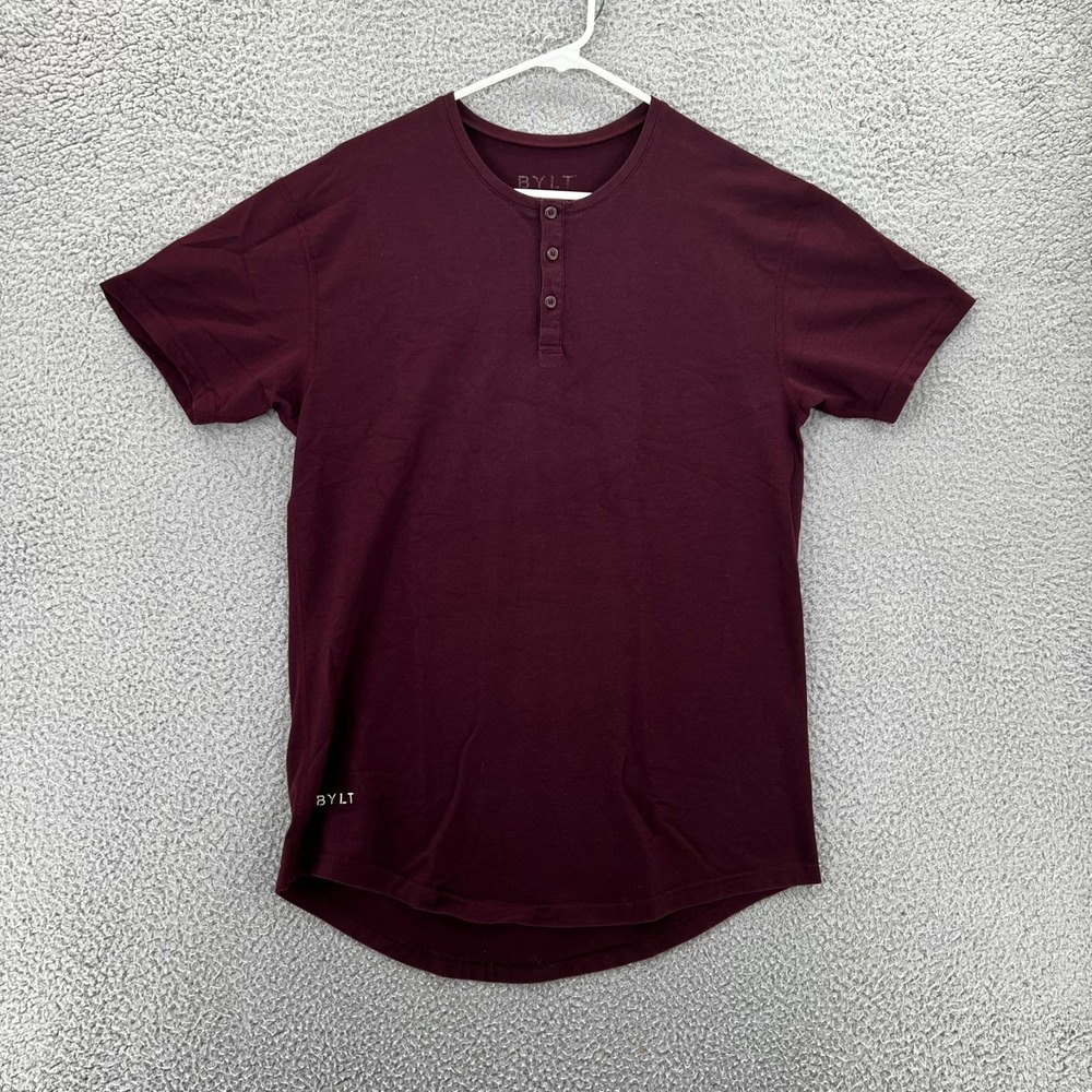 BYLT Basics Henley T Shirt Mens Medium Burgundy Short Sleeve Stretch